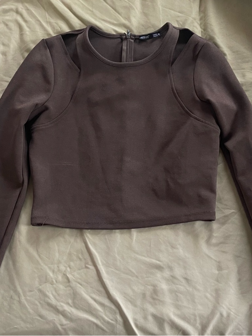 Zara Brown Long-Sleeve Cutout Crop Top